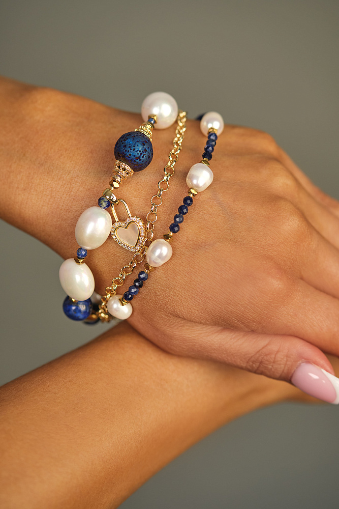 Браслет «Морские глубины» с натуральным жемчугом и лазуритом - фото 2
