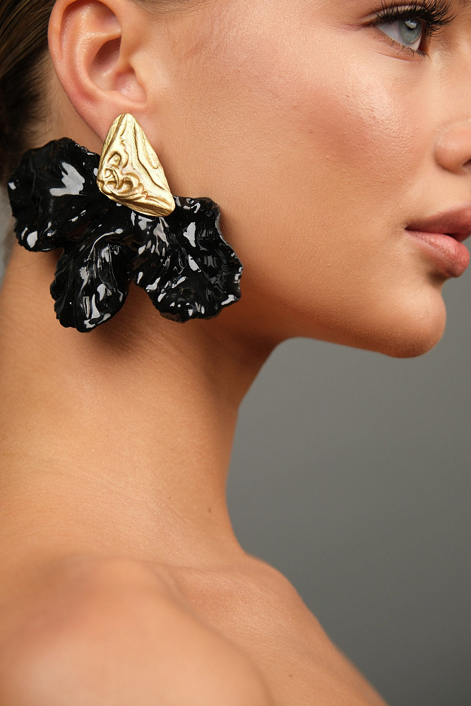 Серьги и кольцо «Фарфоровый цветок». Чёрно-золотой цвет - фото 4