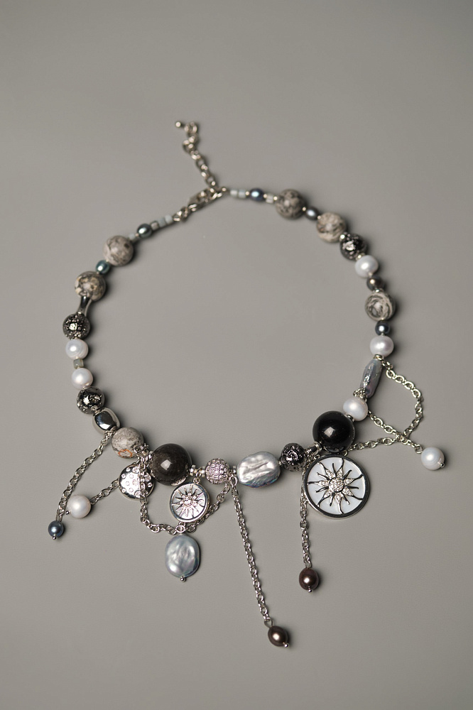 Колье «Серебряная звезда» с чёрным жемчугом и обсидианом - фото 2